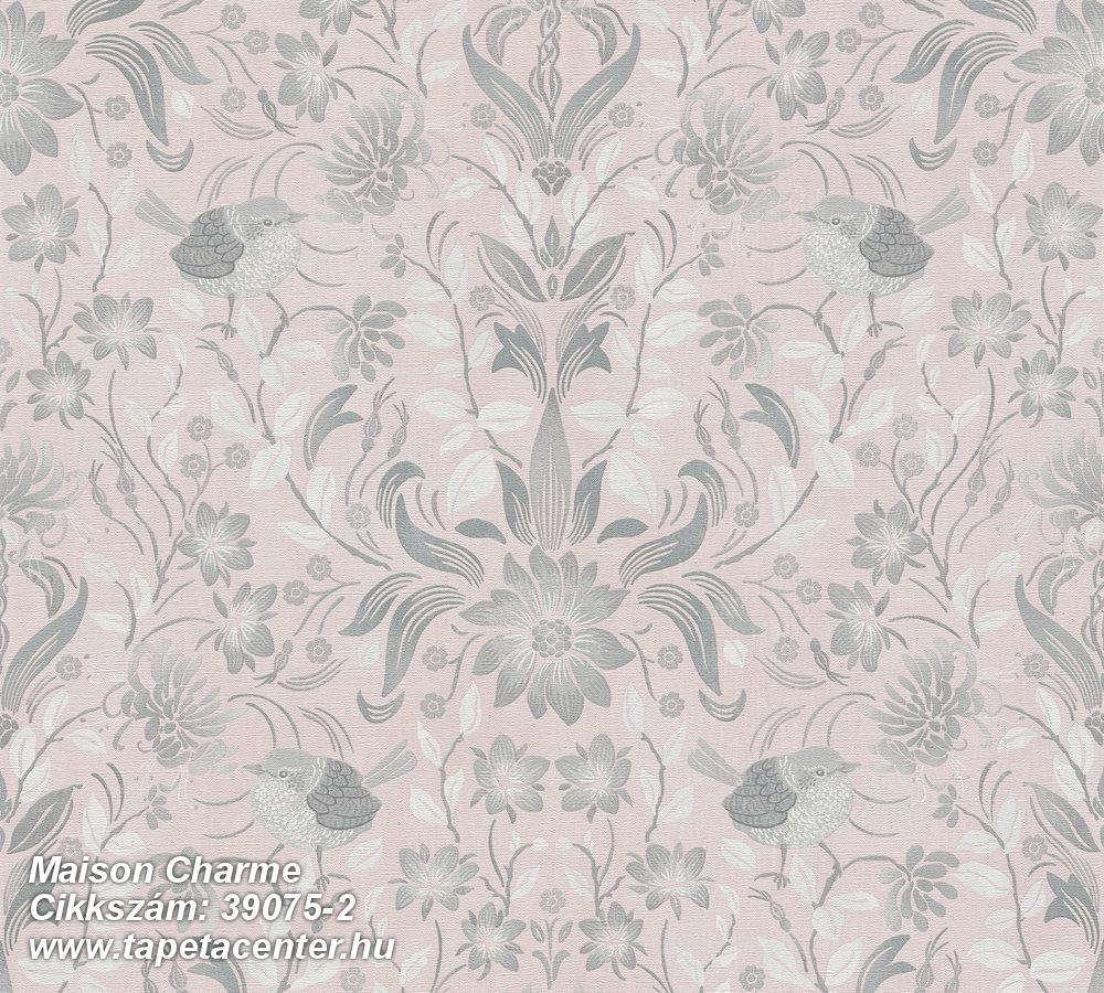 állatok,természeti mintás,textil hatású,virágmintás,pink-rózsaszín,szürke,súrolható,vlies tapéta 